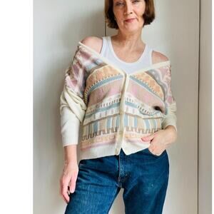Vintage 90s Cardigan Sweater Pastels Grapic Print Prep Cottagecore Size M